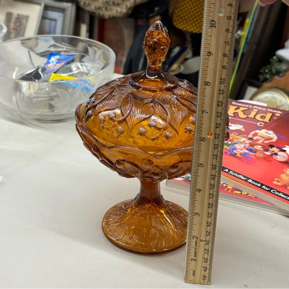 Vintage Fenton Amber Opalescent Lily of the Valley Lidded Pedestal Candy Dish